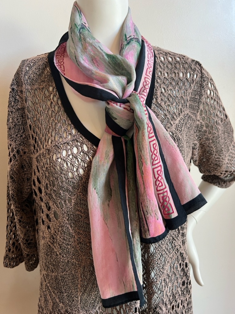 Patrick Francis enchanted Forest Pink & Green silk Watercolor Border Scarf